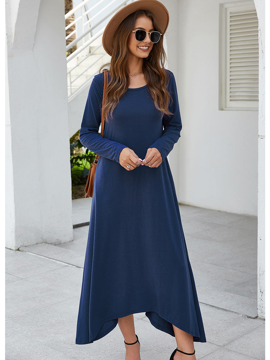 Round Collar Neck Long Sleeve Loose Maxi Dress