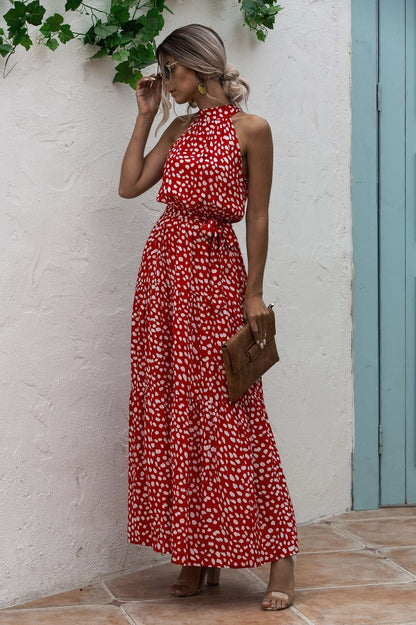Red Wave Bohemian Boho Printed Hanging Neck Straps Maxi Dresses