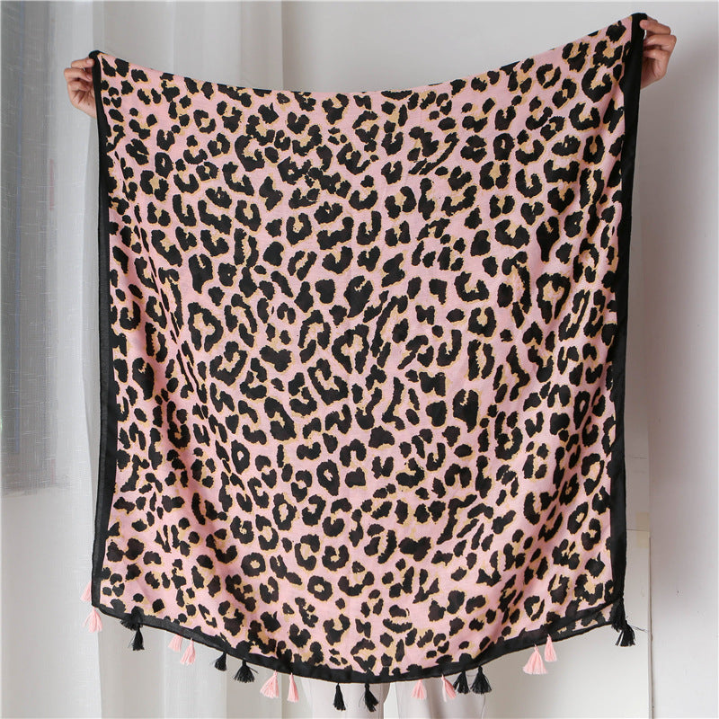 Tassel Fringe Leopard Print Scarf Shawl for Women Ladies Girls