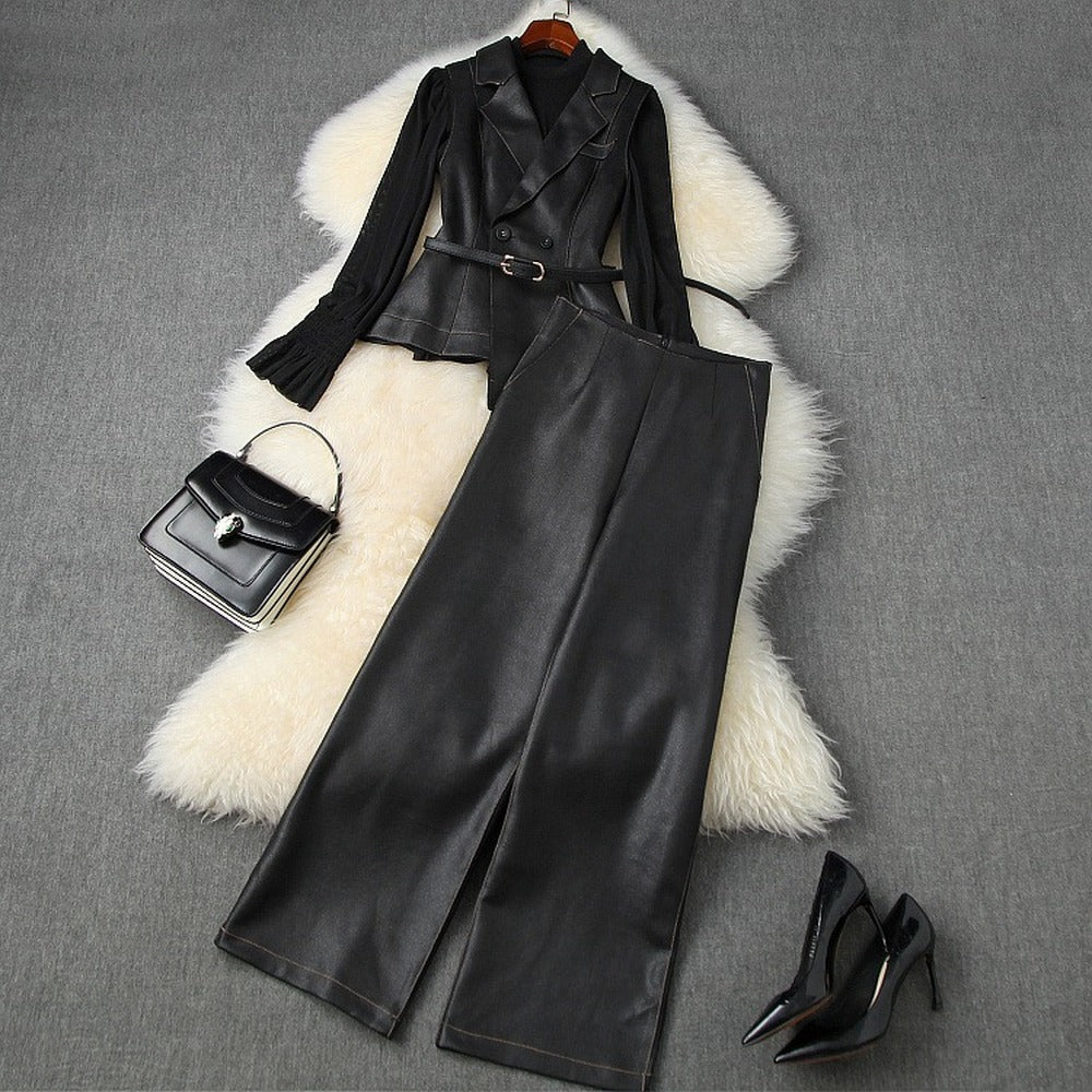 Belt Blazers Vest Net Yarn Tops Wide Leg Pants Three-piece Set