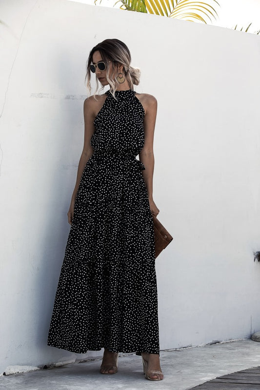 Black Wave Bohemian Boho Printed Hanging Neck Straps Maxi Dresses
