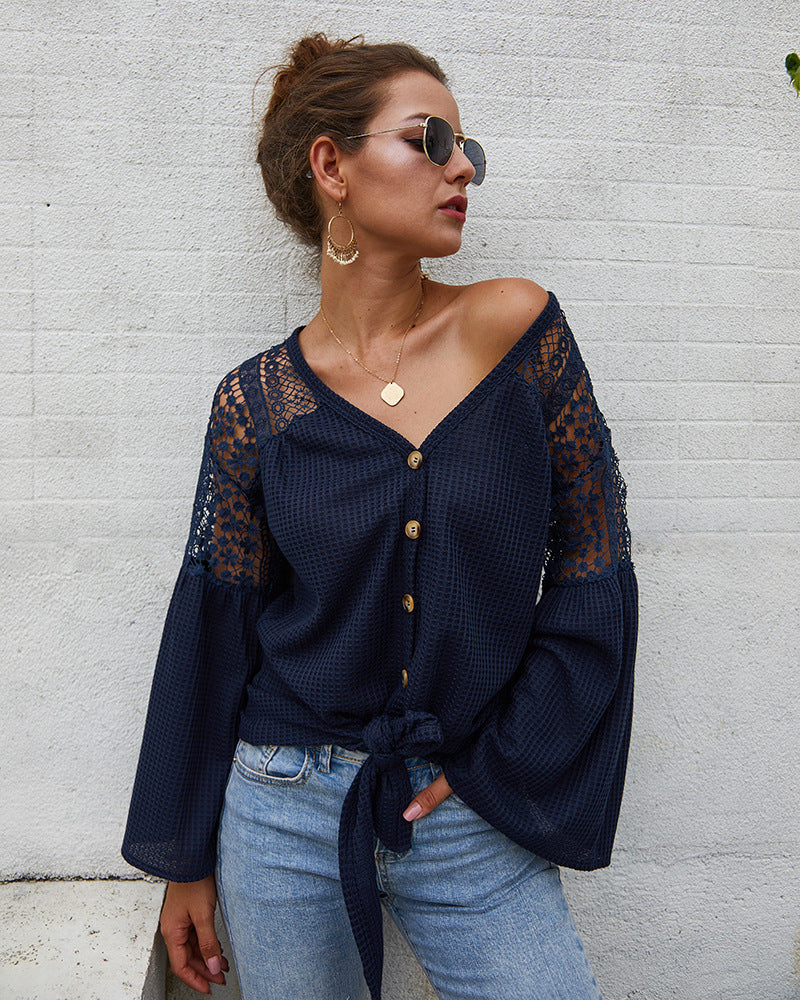 Multicolor Long Sleeve Lace Shoulder Knitting Sweater