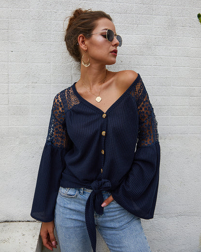 Multicolor Long Sleeve Lace Shoulder Knitting Sweater