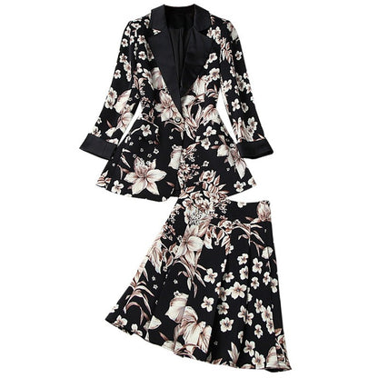 Elegant Printing Single Button Elastic Waist Suit Mini Pleated Skirt Two-piece Set