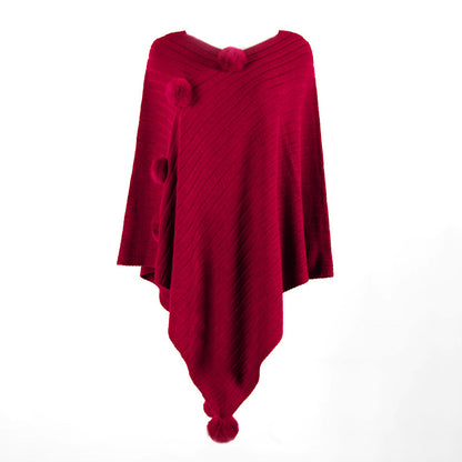 Pullover V-neck Collar Pompom Hypotenuse Sweater Cloak Shawl Cape Cardigans