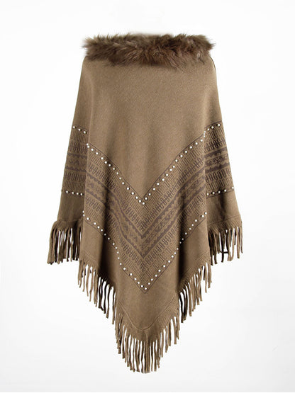 Tassel Fringed Pullover Bead Fur Collar Sweater Cloak Shawl Cape