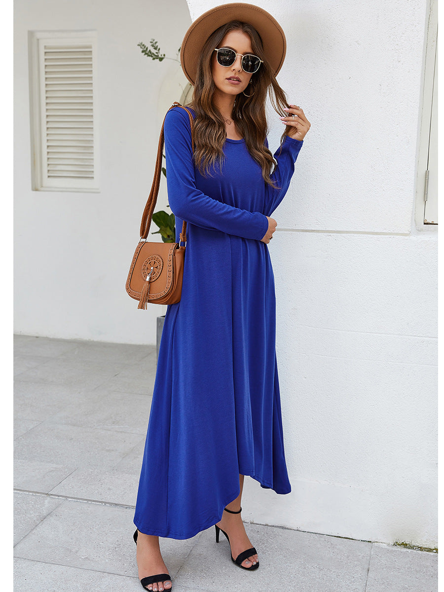 Round Collar Neck Long Sleeve Loose Maxi Dress