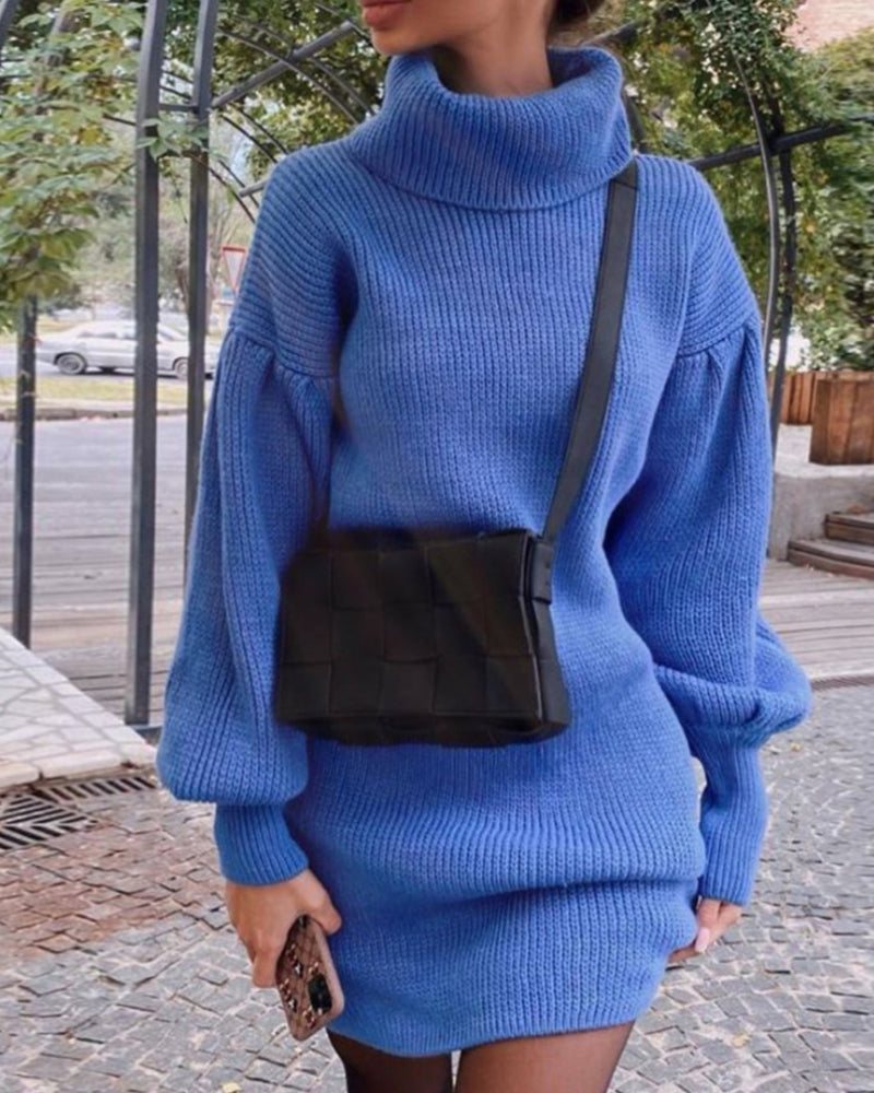 Knit Lantern Sleeve High Collar Sweater Mini Dresses