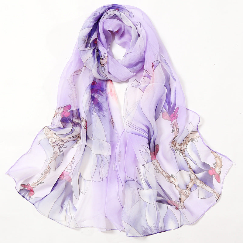 Lotus Printed Long Thin Silk Scarf for Women