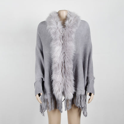 Tassel Fringed Cloak Shawl Fur Collar Sweater Cape Cardigans