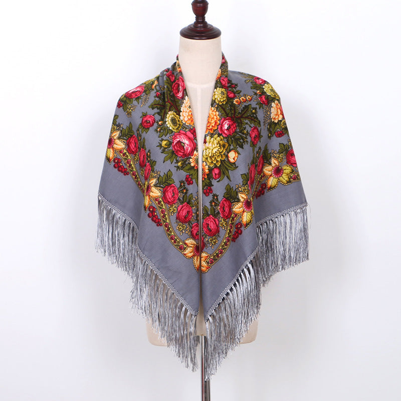 Ethnic Flower Print Square Scarf Shawl Wrap Fringed Scarves for Women Ladies Girls