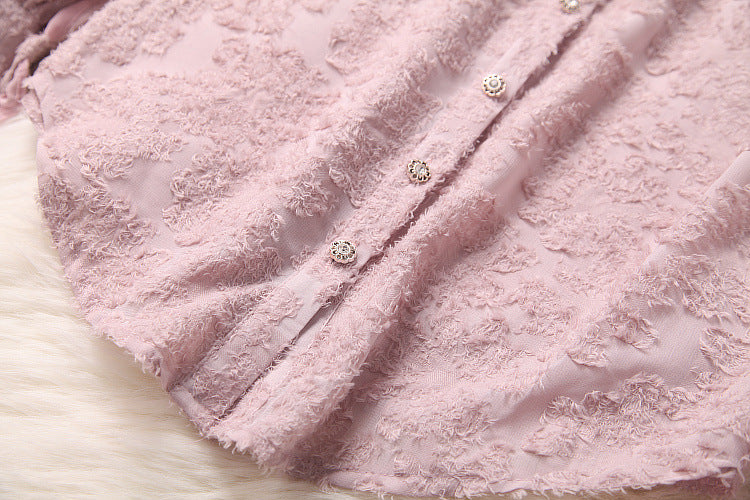 Pink Flocked Fungus Shape Collar Bow Chiffon Top & Diamond Plaid Skirt Dress Suit wt8181932285