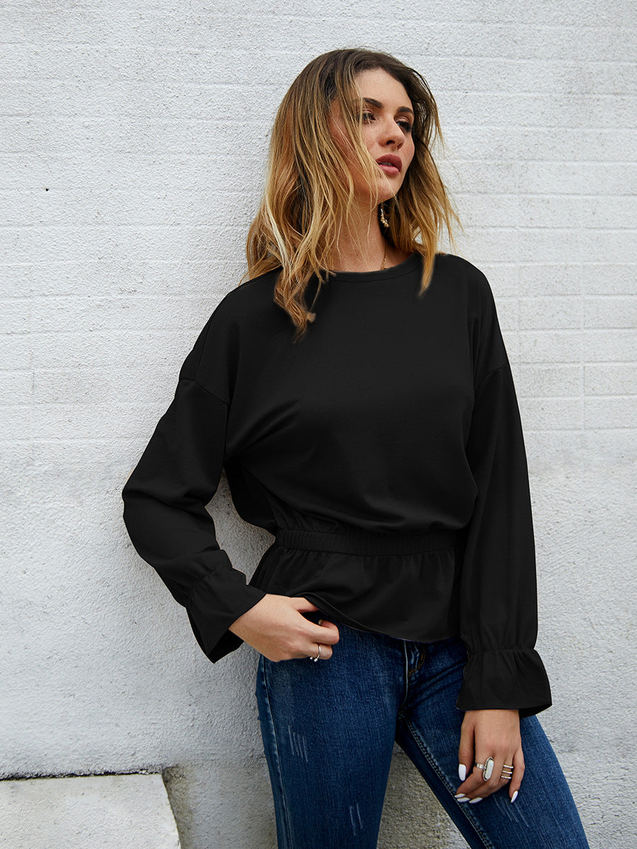 Round Neck Bell Sleeve Long Sleeve Shirt