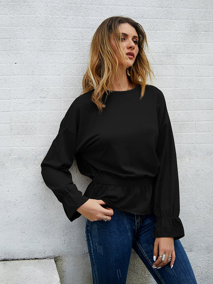 Round Neck Bell Sleeve Long Sleeve Shirt