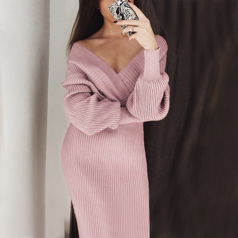 Deep V-neck Elegant Sweater and Bodycon Midi Dresses Two-piece Set