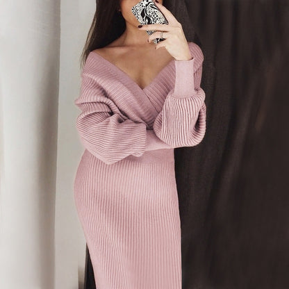 Deep V-neck Elegant Sweater and Bodycon Midi Dresses Two-piece Set