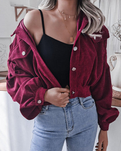 Corduroy Lantern Sleeve Single-breasted Lapel Cardigans Outerwear