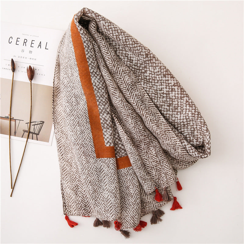 Tassel Grey Printed Cotton Scarf Shawl for Women Ladies Girls