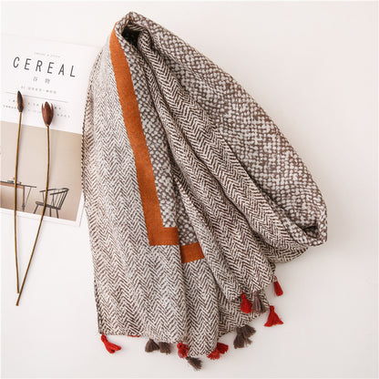 Tassel Grey Printed Cotton Scarf Shawl for Women Ladies Girls