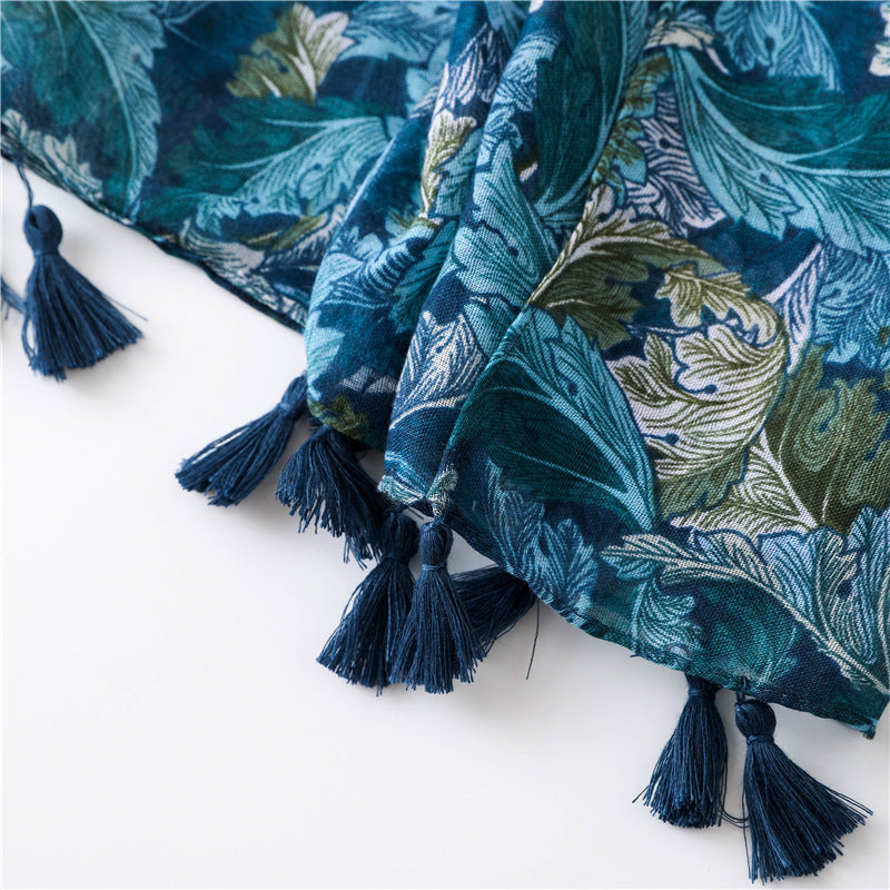 Ethnic Blue Tassel Printed Scarf Shawl for Women Ladies Girls