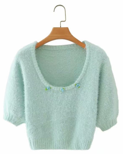 Knit Puff Sleeve Flower Decoration Sweaters