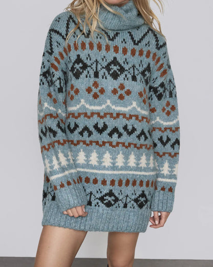 Argyle Pattern Christmas Tree High-collar Sweaters Mini Dresses