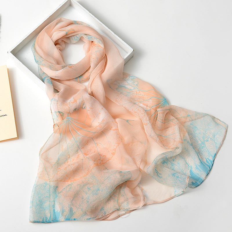 Lotus Printed Long Thin Silk Scarf for Women