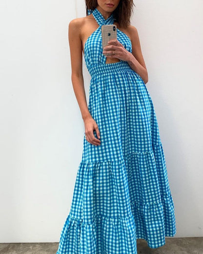 Blue Halter Backless Vacation Party Maxi Dresses