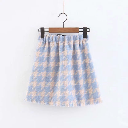 Houndstooth Beaded Buckle Long Sleeve Short Jacket Skirt Dress Suit