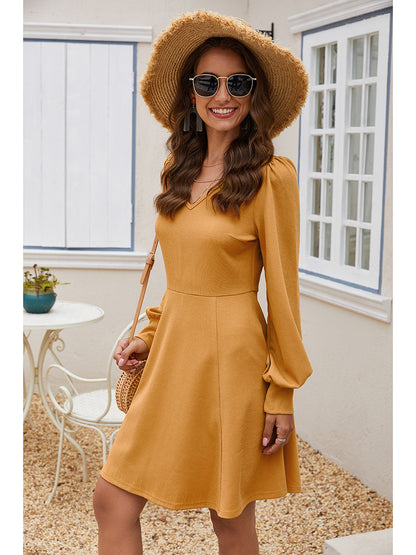 V-neck Long Sleeve Waistband Mini Dress