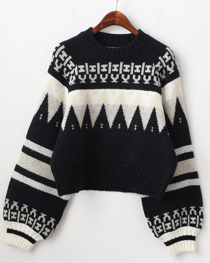 Knit Contrast Argyle Pattern Geometry Sweater