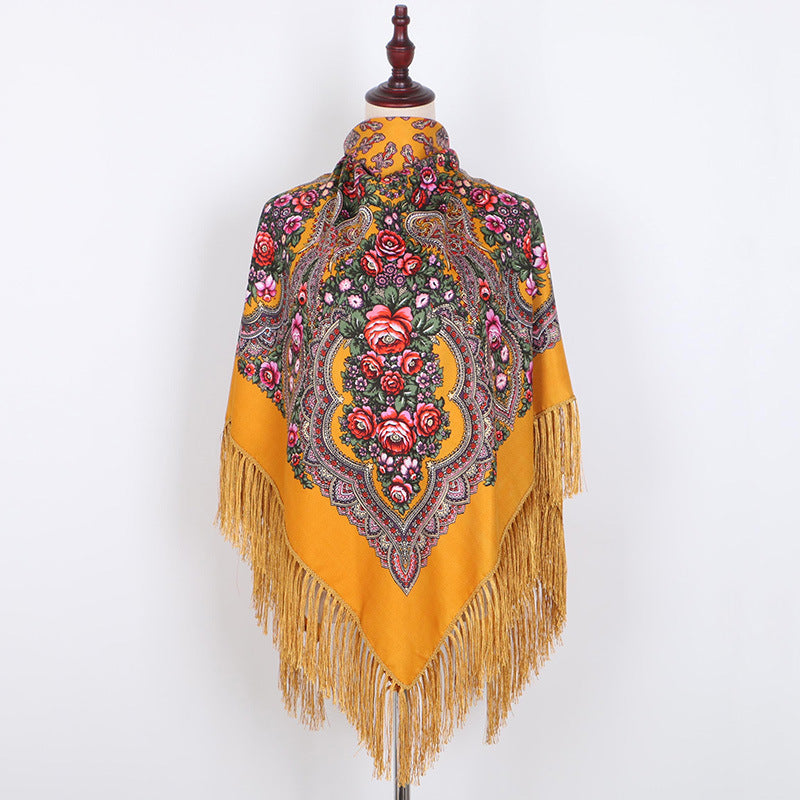 Ethnic Retro Flower Square Scarf Shawl Fringed Scarves for Women Ladies Girls