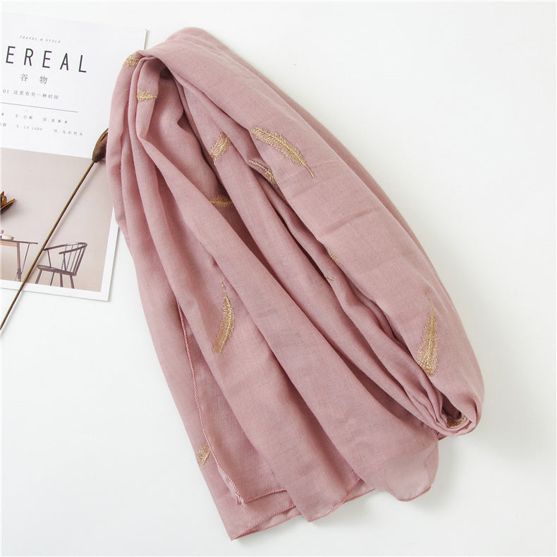 Feather Embroidered Cotton Scarf Shawl for Women Ladies Girls