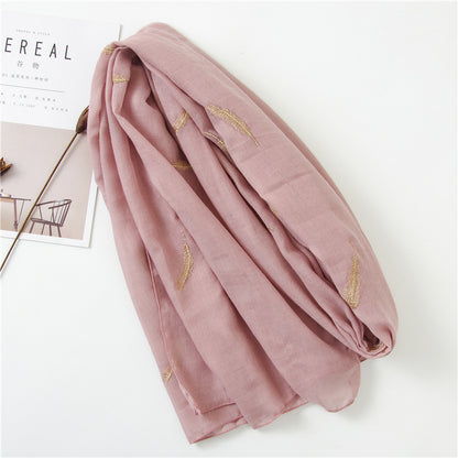 Feather Embroidered Cotton Scarf Shawl for Women Ladies Girls