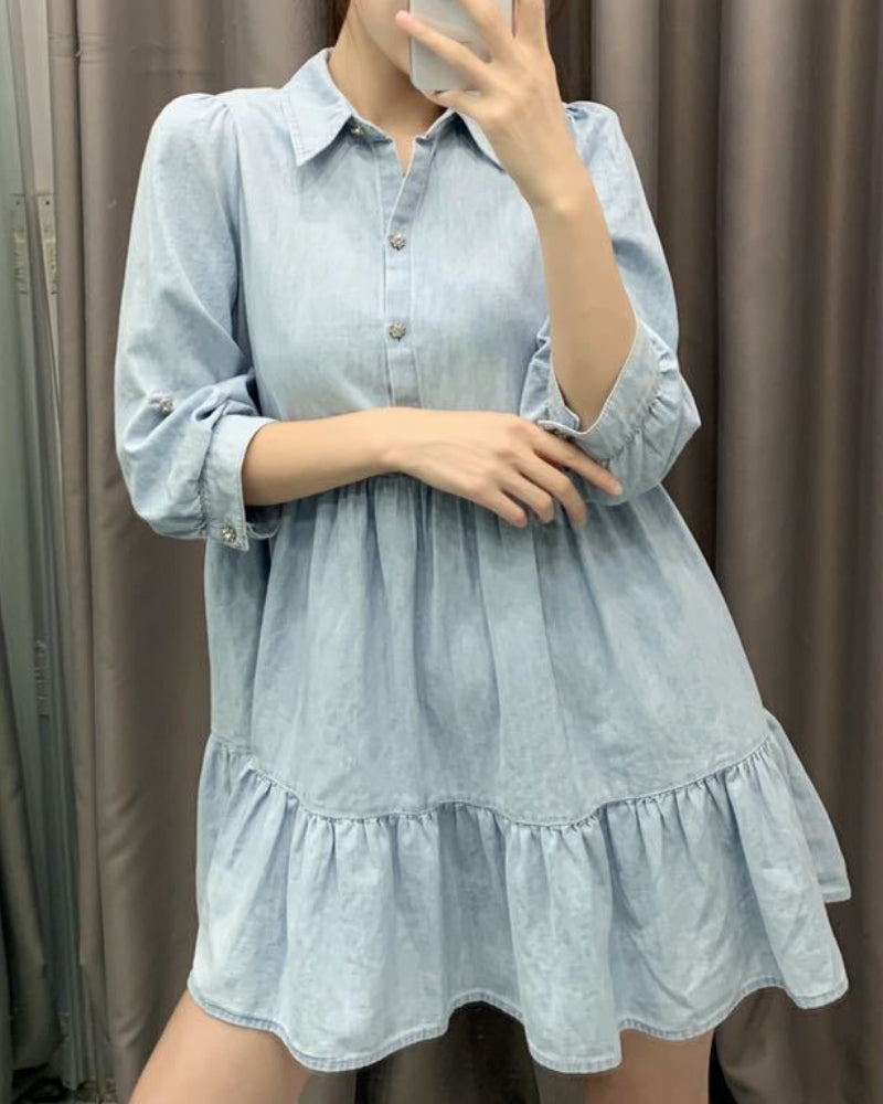 Single-breasted Pile Collar Denim Mini Dresses