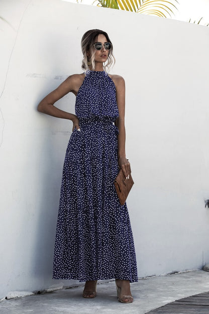 Navy Blue Wave Bohemian Boho Printed Hanging Neck Straps Maxi Dresses