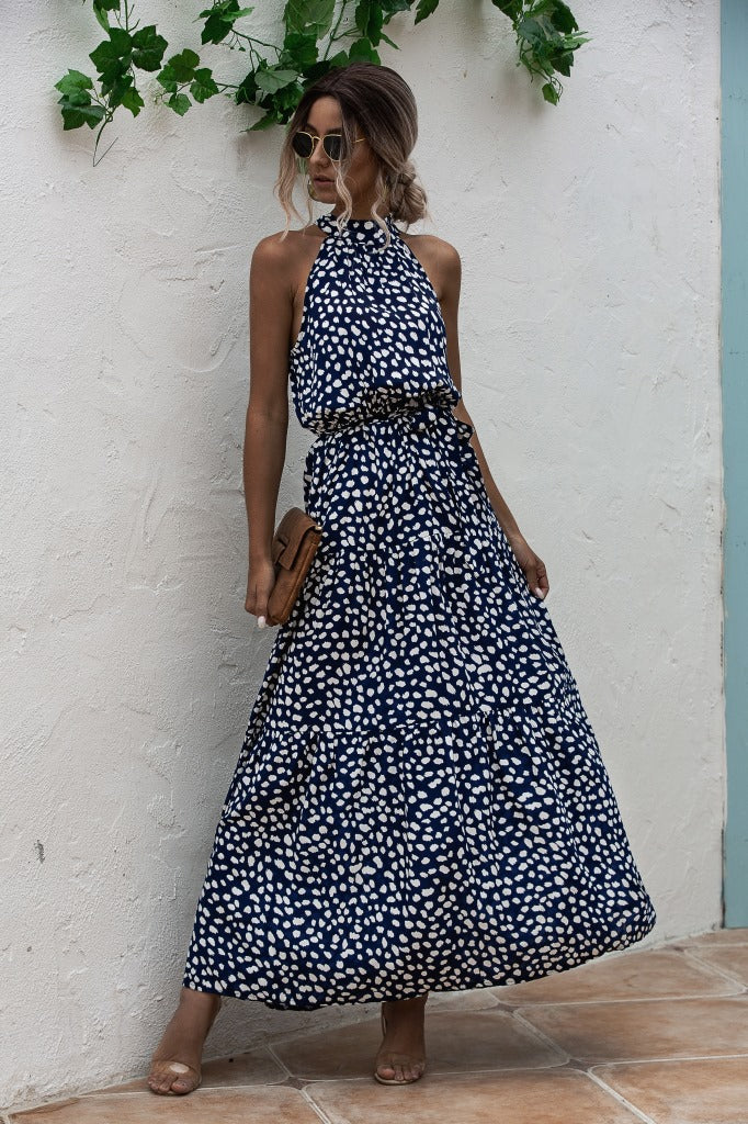 Royal Blue Wave Bohemian Boho Printed Hanging Neck Straps Maxi Dresses
