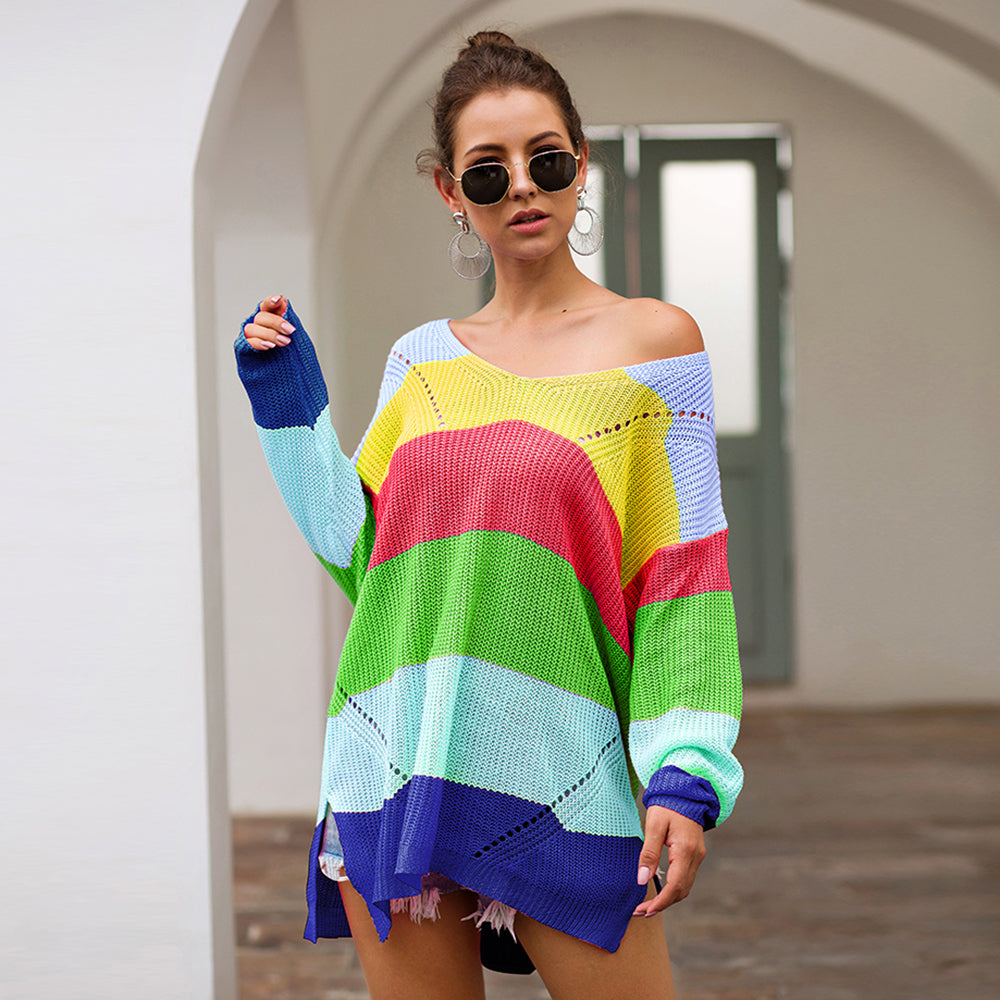 Women‘s Loose V-neck Rainbow Stripes Long Sweater