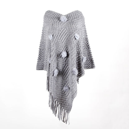 Tassel Fringed Pullover V-neck Collar Pompom Sweater Cloak Shawl Cape