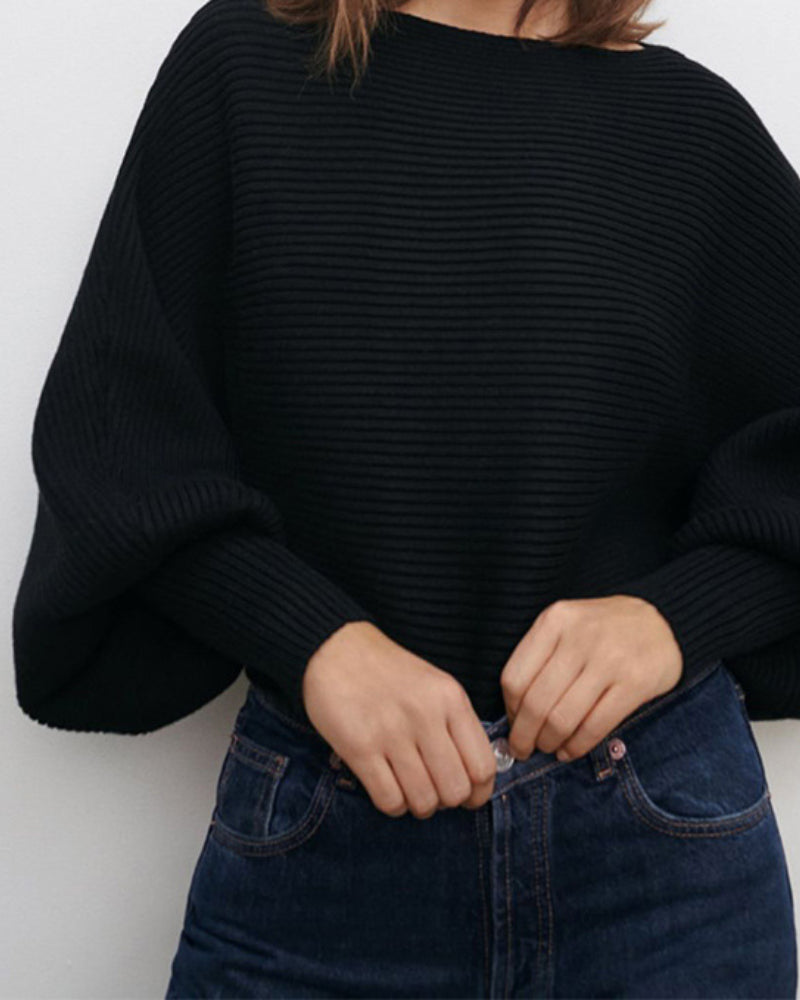 Lantern Sleeve Round Neck Knit Sweaters Shirts