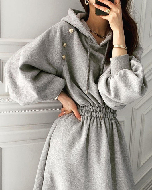 Puff Sleeve Hooded Hoodies Sweatshirts Coat Midi Dresses