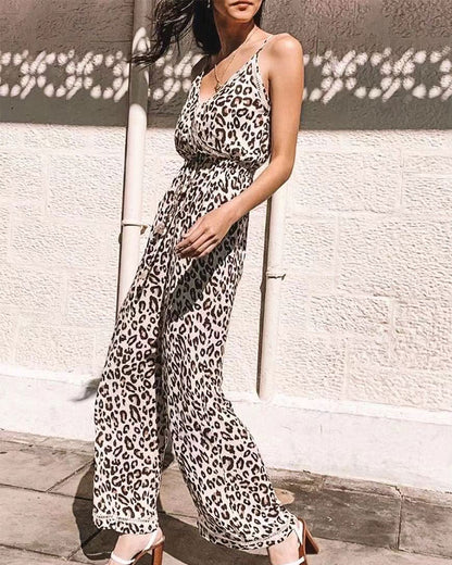 Leopard Print Suspenders Jumpsuit Lace-up Rompers Wide Leg Pants