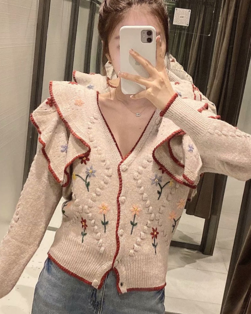 Ruffled Floral Knit V-neck Single-breasted Sweaters Cardigans