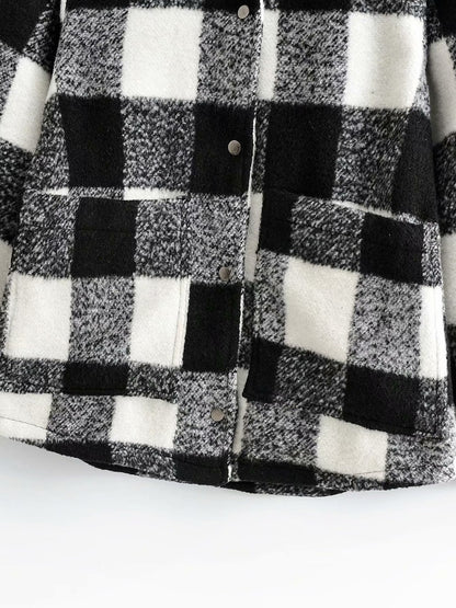 Black And White Grid Single-breasted Shirt Style Cardigan Coat