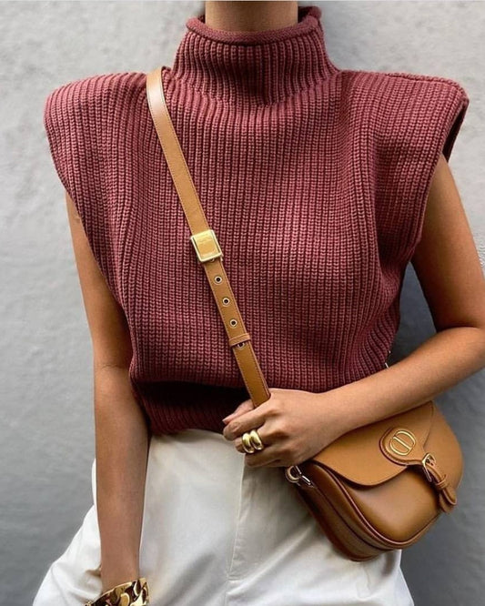 High-collared Shoulder Padded Pads Sleeveless Sweater