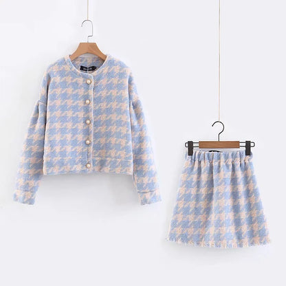 Houndstooth Beaded Buckle Long Sleeve Short Jacket Skirt Dress Suit