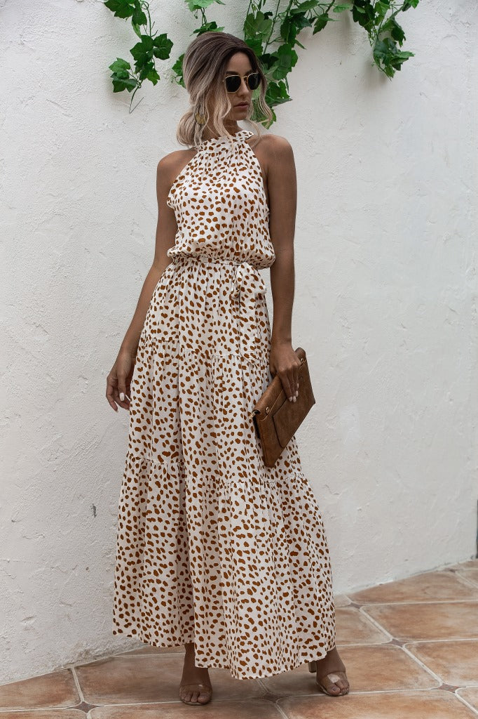 Beige Bohemian Boho Printed Hanging Neck Straps Maxi Dresses