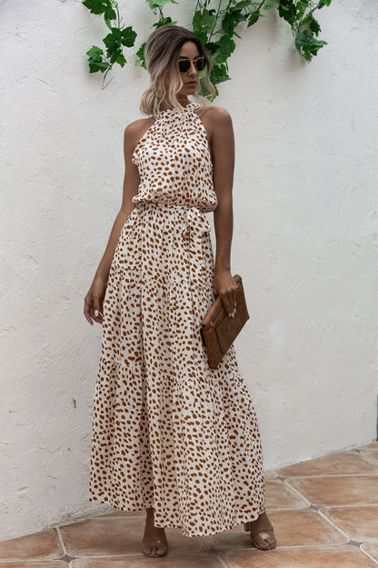 Beige Bohemian Boho Printed Hanging Neck Straps Maxi Dresses