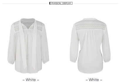 Women White V Neck Hollow Long Sleeve Shirt