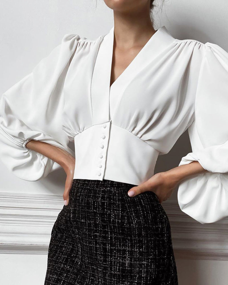 Elegant V-neck Lantern Sleeve Button Shirts